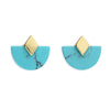 Gold and turquoise semi-circle stud earrings featuring a contemporary geometric design with turquoise-coloured detailing.