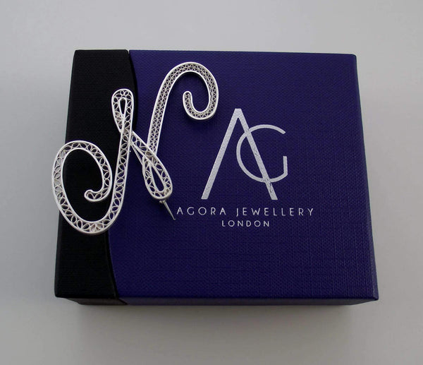 Filigree Letter Brooch - N - AG Agora Jewellery London