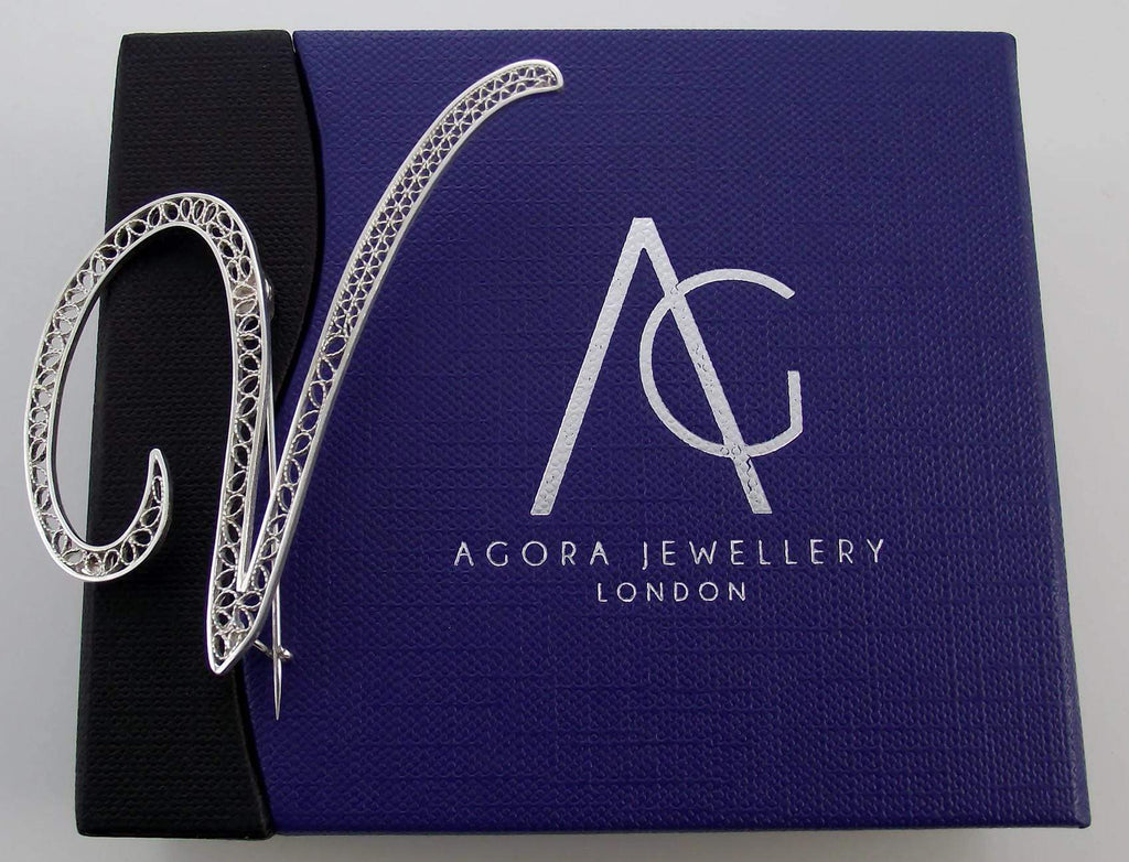 Filigree Letter Brooch - V - AG Agora Jewellery London