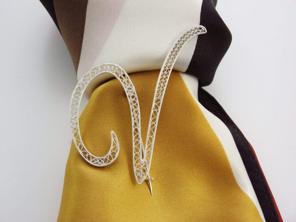 Filigree Letter Brooch - V - AG Agora Jewellery London