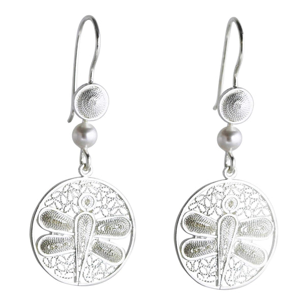 Filigree Dragonfly and Pearls Drop Earrings - AG Agora Jewellery London