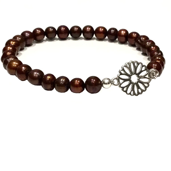 Brown Freshwater Pearls with a Silver Flower Bracelet