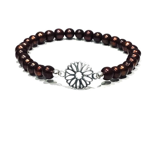 Brown Freshwater Pearls with a Silver Flower Bracelet